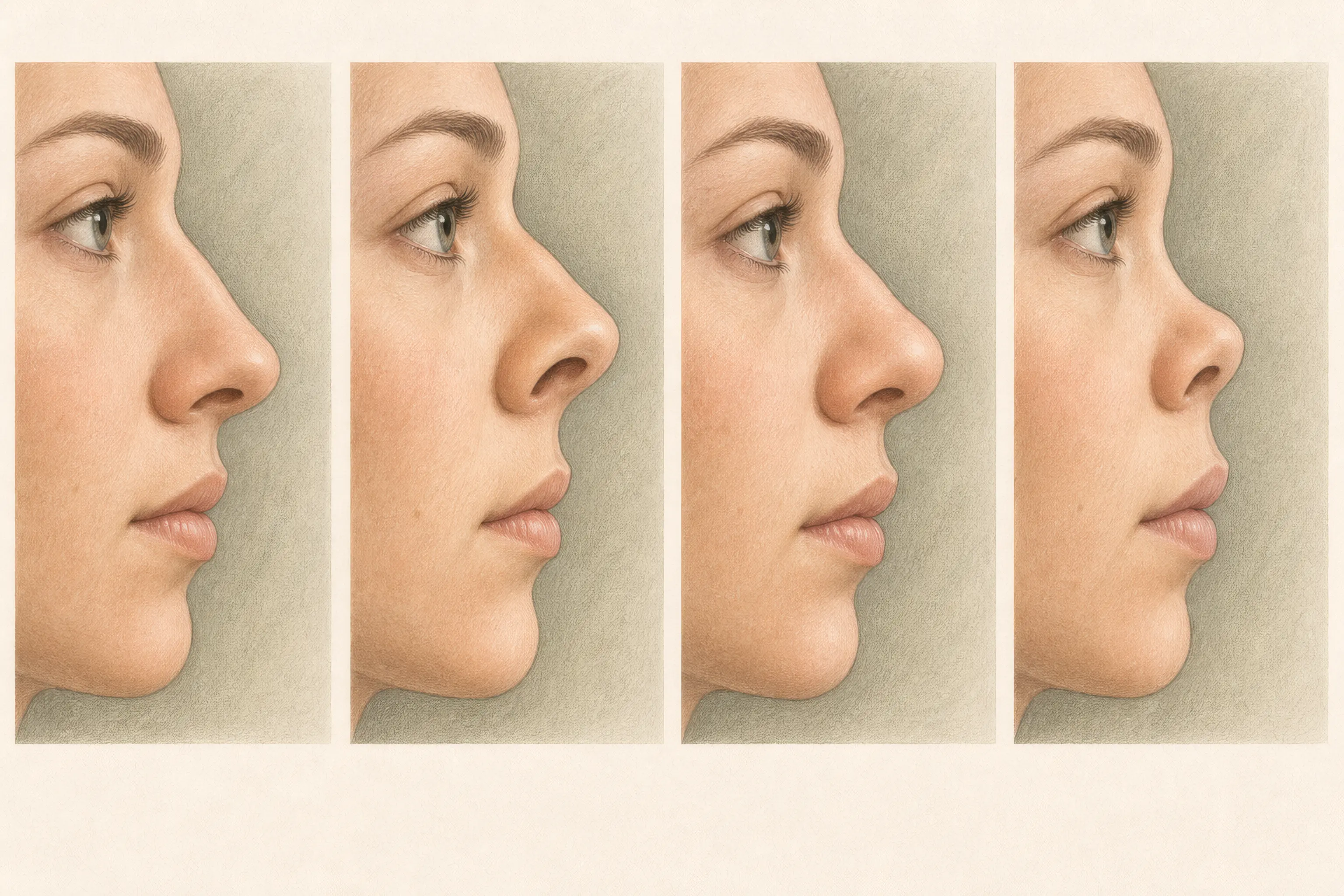 Four side-profile nose illustrations comparing level and lifted tip rotation