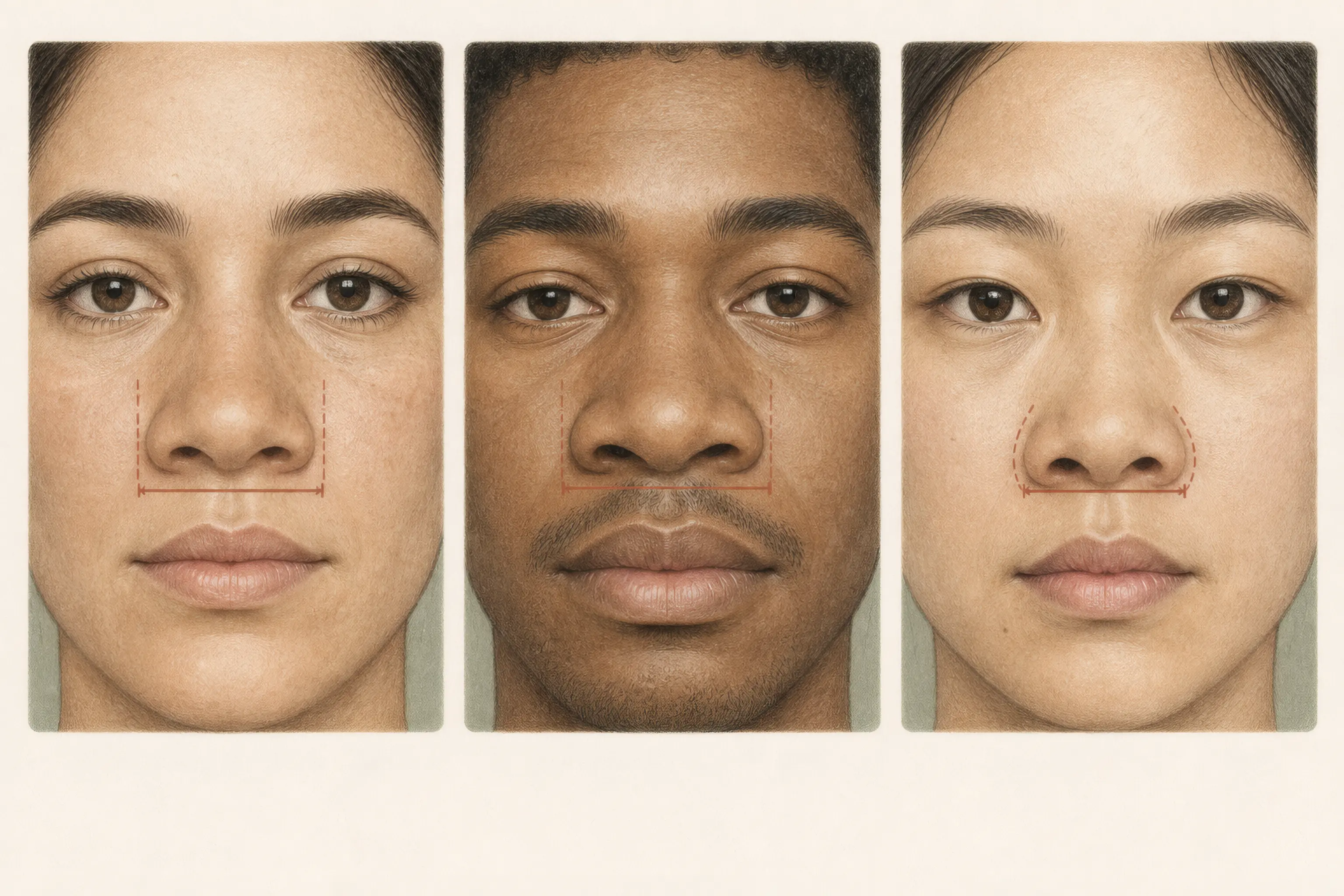Three front-view nose illustrations comparing middle-third width, alar-base width, and nostril flare